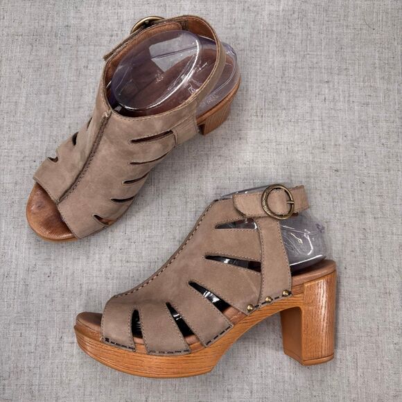 Dansko Shoes - Dansko Demetra Heels Taupe Nubuck Leather Cagey Strappy Bootie Women’s EU 38